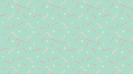 This cheerful pattern features playful squiggles and shapes in soft pink and yellow against a mint green background, creating a fun and inviting design perfect for festive occasions and playful decor.