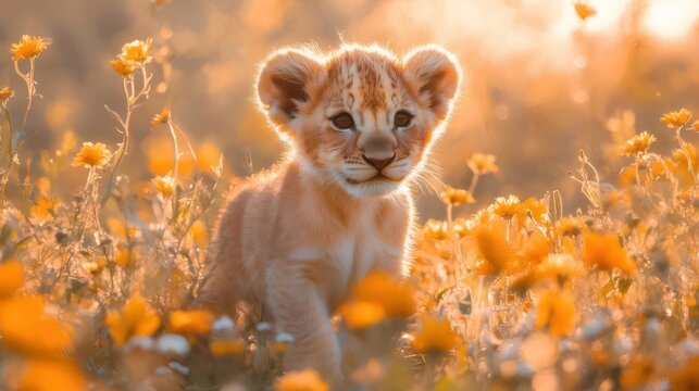 Lion Cub Standing Amidst Yellow Flowers in a Warm Golden Sunset Light Nature Scene