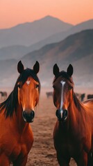 Two brown horses are standing in a field with mountains in the background. The scene is calm and tranquil, with the horses looking at the camera as if they are curious about the photographer