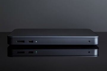 Sleek, dark gray dual band router sitting on a reflective surface, its LED indicators glowing softly, suggesting active data transmission