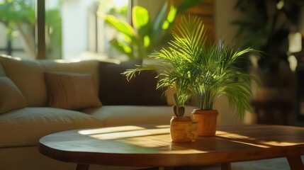 朝日の光が差し込むリビングルーム 木製テーブルとソファ 熱帯植物の鉢植えが並ぶ 穏やかな日常の風景