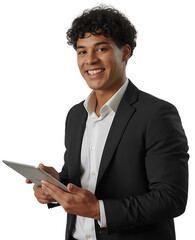 Smiling young entrepreneur using digital tablet for work and communication on black background