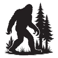 Fototapeta premium Silhouette of a large hairy bigfoot creature walking through a dark evergreen forest at night