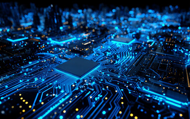 Close-up view of a modern circuit board with glowing blue lines