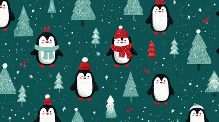charming penguin christmas pattern teal  red festive design ai generated