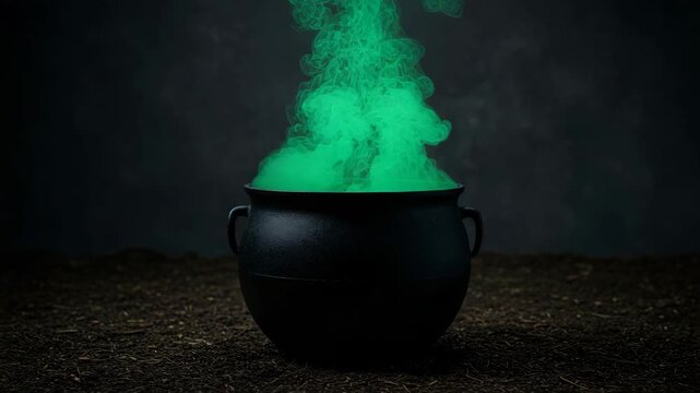 Dark Halloween Cauldron with Mysterious Green Smoke Rising &ndash; Spooky Holiday Video for Halloween Party Invitations, Seasonal Promotions, and Horror Themed Projects with Eerie Black and Green Palette