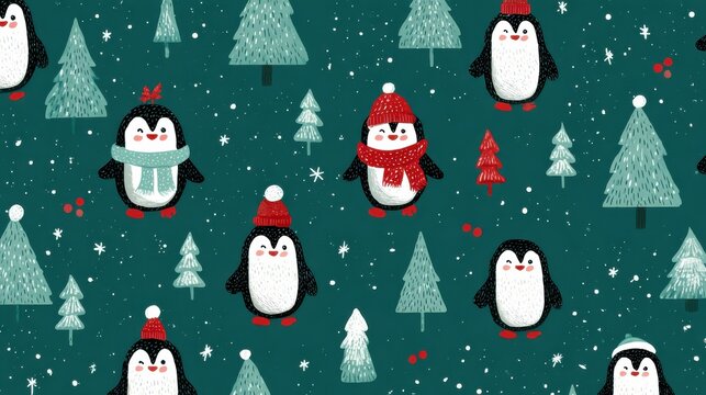 charming penguin christmas pattern teal  red festive design ai generated