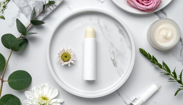 Top view flat lay of natural skincare products and deodorant on a marble plate with fresh flowers and botanical leaves for a beauty concept