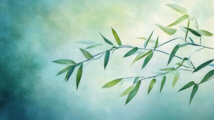Obraz premium 穏やかな水彩画の竹の枝 緑の葉 白と水色の背景に繊細な筆運びで描かれた自然の美しさ