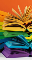 Naklejka premium Rainbow stack of open books inspiring creativity and knowledge