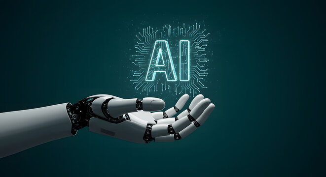Robotic hand gently holding glowing artificial intelligence symbol against a dark teal background - Powered by Adobe