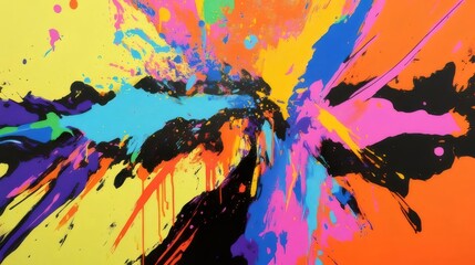 Abstract Splatter Paint Explosion with Vivid Blue Yellow Pink and Black Colorful Background