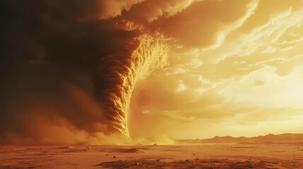 A colossal tornado rages in a desolate desert landscape, its towering form dominating the horizon against an ominous sky, evoking the raw power of nature's fury.