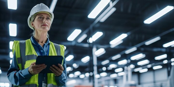 Confident female industrial manager in a hard hat using a digital tablet for logistics and quality control inside a large modern factory warehouse
