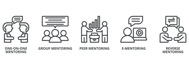 Mentorship outline banner concept with icons. One On One Mentoring, Group Mentoring, Peer Mentoring, E-Mentoring