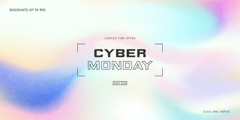 Futuristic web banner for Cyber Monday, featuring a soft, holographic mesh gradient background with a grainy texture. This minimalist design is ideal for a modern tech sale or an ethereal website