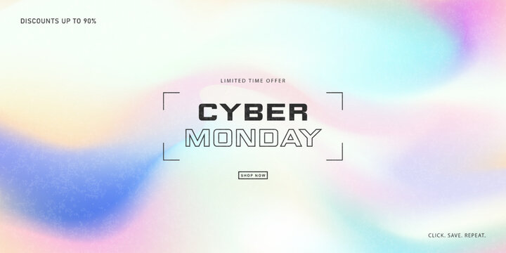 Futuristic web banner for Cyber Monday, featuring a soft, holographic mesh gradient background with a grainy texture. This minimalist design is ideal for a modern tech sale or an ethereal website