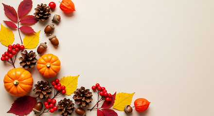 Autumn harvest arrangement festive fall leaves pumpkins pinecones berries and acorns