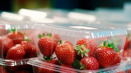 Fresh strawberries packaged and displayed in a market during a sunny afternoon