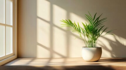 鉢植えの緑の植物が窓のそばの木の板の上に置かれています