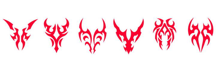 A powerful vector collection of six red tribal tattoo designs, featuring abstract demonic symbols and fantasy emblems, perfect for body art or mystic branding.