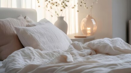 Bright Bedroom with White Linens Fluffy Pillows and Vase with Flowers in Minimalist Aesthetic Style