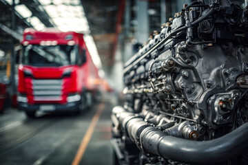 Fototapeta premium Industrial engine components with a red freight truck in the background of a modern manufacturing plant