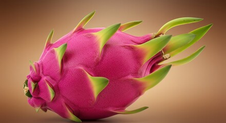 A pink dragon fruit with green fins on a gradient brown background