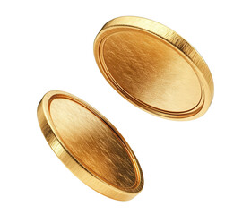 Two gold blank coins floating, isolated on transparent cutout background