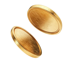 Two gold blank coins floating, isolated on transparent cutout background