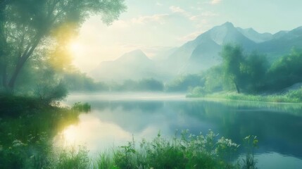 朝霧が立ち込める湖の風景 木漏れ日が差し込む緑豊かな木々 山々が背景に広がる穏やかな水面