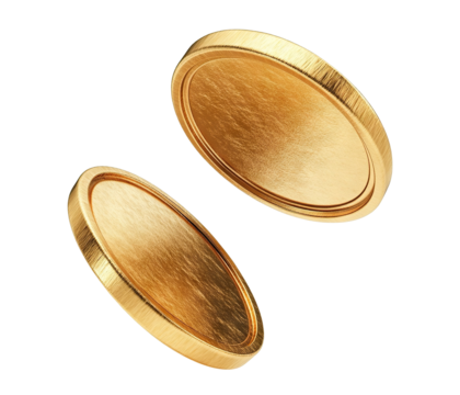 Two gold blank coins floating, isolated on transparent cutout background