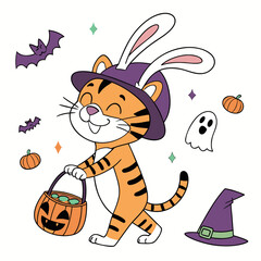 Spooky Fun colored Tiger with a Joyful touch, placed in a Halloween theme and styled with wearing bunny slippers