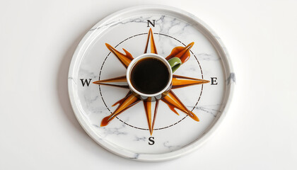 Coffee compass. From a cup of coffee, like the rays of a compass, the spilled coffee spreads in different directions, symbolizing the customer's focus - delivery to any location.