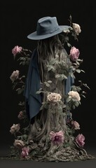 A sculpted tree trunk, draped in a deep blue fabric, is adorned with delicate roses in muted pastel tones, creating a serene and evocative still life.