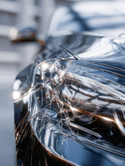 Close-up of a black luxury car with a cracked headlight indicating a recent collision, showcasing the detailed reflection and distortion on its glossy surface.
