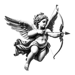 Vintage halftone illustration of Cupid angel with wings aiming bow and arrow, classical mythology cherub design with retro photocopy texture and romantic symbolism