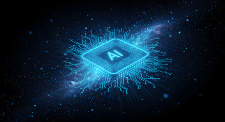 Futuristic glowing blue ai chip with intricate digital network connections and abstract energy bursts