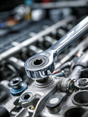 Close-up view of a shiny ratchet wrench being used to tighten a bolt on a complex car engine assembly during mechanical maintenance and repair work