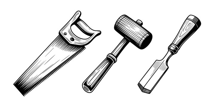 A detailed illustration showing a handsaw, a hammer, and a chisel, essential carpentry tools for woodworking and construction projects.