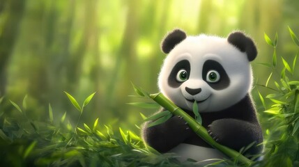 ふわふわのパンダが竹を食べる明るい森林の3Dレンダリング