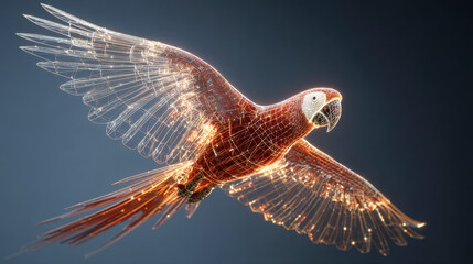 Digital 3d wireframe rendering of a flying parrot with glowing illuminated edges against a dark gradient background, showcasing detailed modeling and textures