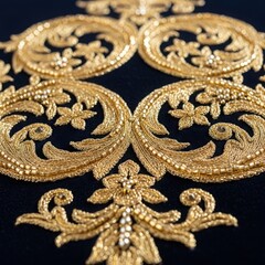 Intricate gold beaded embroidery pattern luxurious ornate textile detail close-up opulent design
