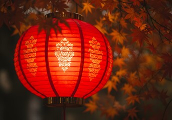 Obraz premium Red Lantern in Autumn Foliage Chinese Lantern, Maple Leaves, Fall Colors, Festive Atmosphere, Bokeh.