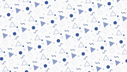 This memphis pattern features an engaging mix of geometric shapes, including circles, squares, and triangles, in soothing shades of blue against a crisp white background.