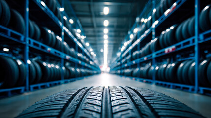 Interior view of a tire warehouse with organized shelving and rubber tires arranged on racks