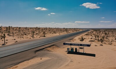 Empty desert highway, a lone gas station, under a vibrant sky