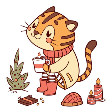 Naklejki Happy Tiger with wearing rain boots, set in a charming Christmas theme – Warm Cozy color vector art