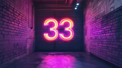 Neon Number Thirty Three Glowing in Dark Tunnel with Brick Walls and Purple Reflections