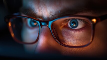 vision hacking and technology concept close up of hacker eyes in glasses looking at computer screen in darkness no logos no brands ar 169